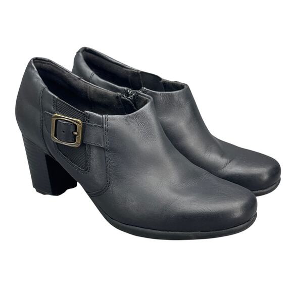 Clarks Black Leather Buckle SIde Zip Block Heel Comfort Ankle Bootie Women 8 - Picture 1 of 8